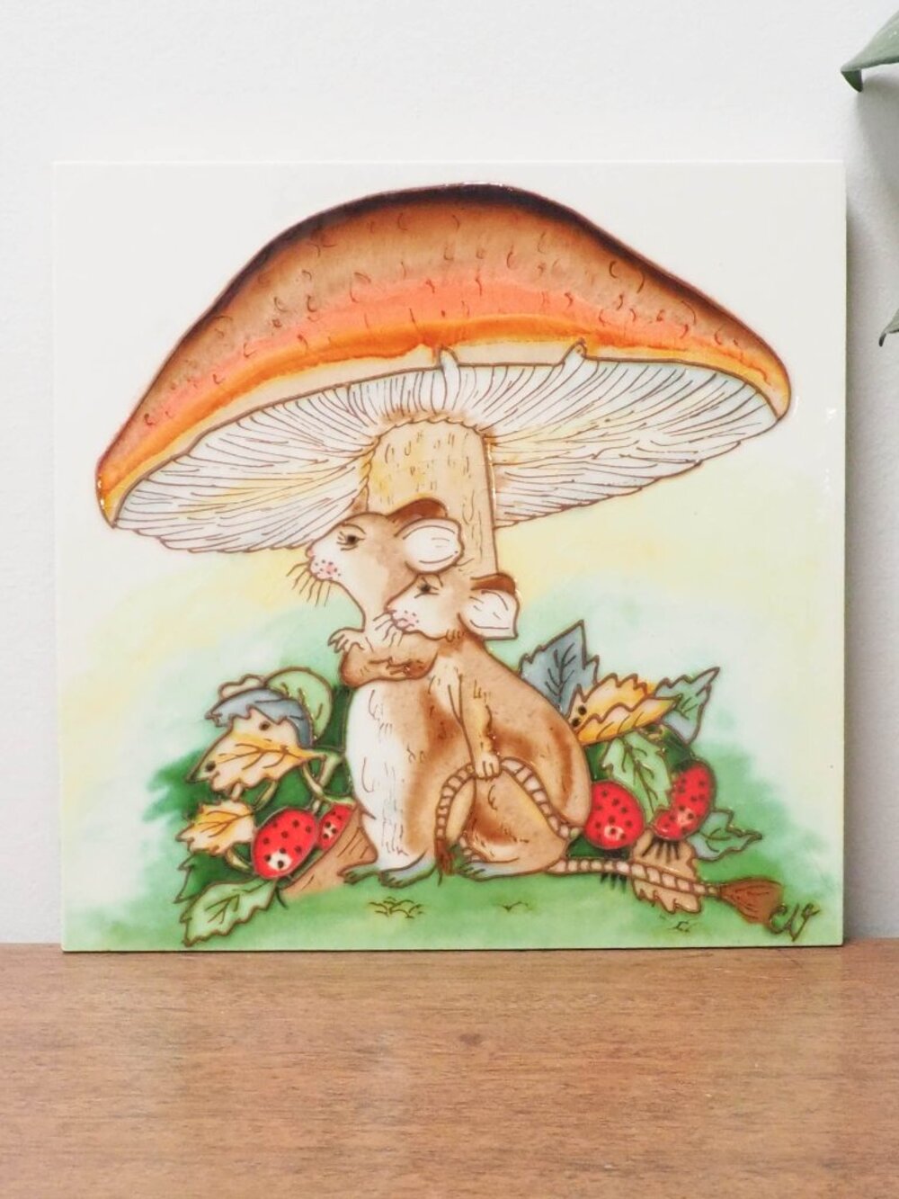 Vtg Ceramic Christl Vogl Mushroom and Mouse Tile - Hand Glazed Cute Mice Trivet